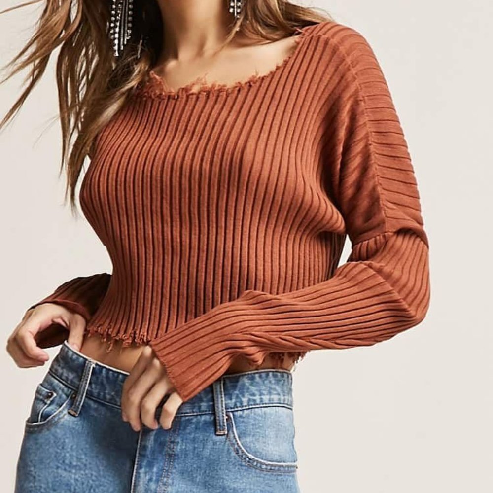 Frayed Ribbed Knit Sweater